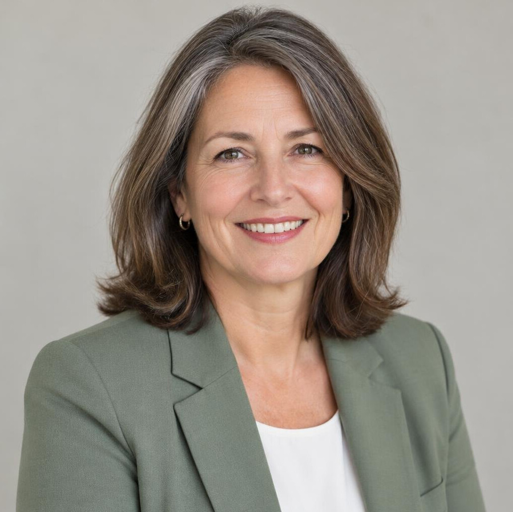Portrait of a woman in her fifties with shoulder-length brown hair, project director