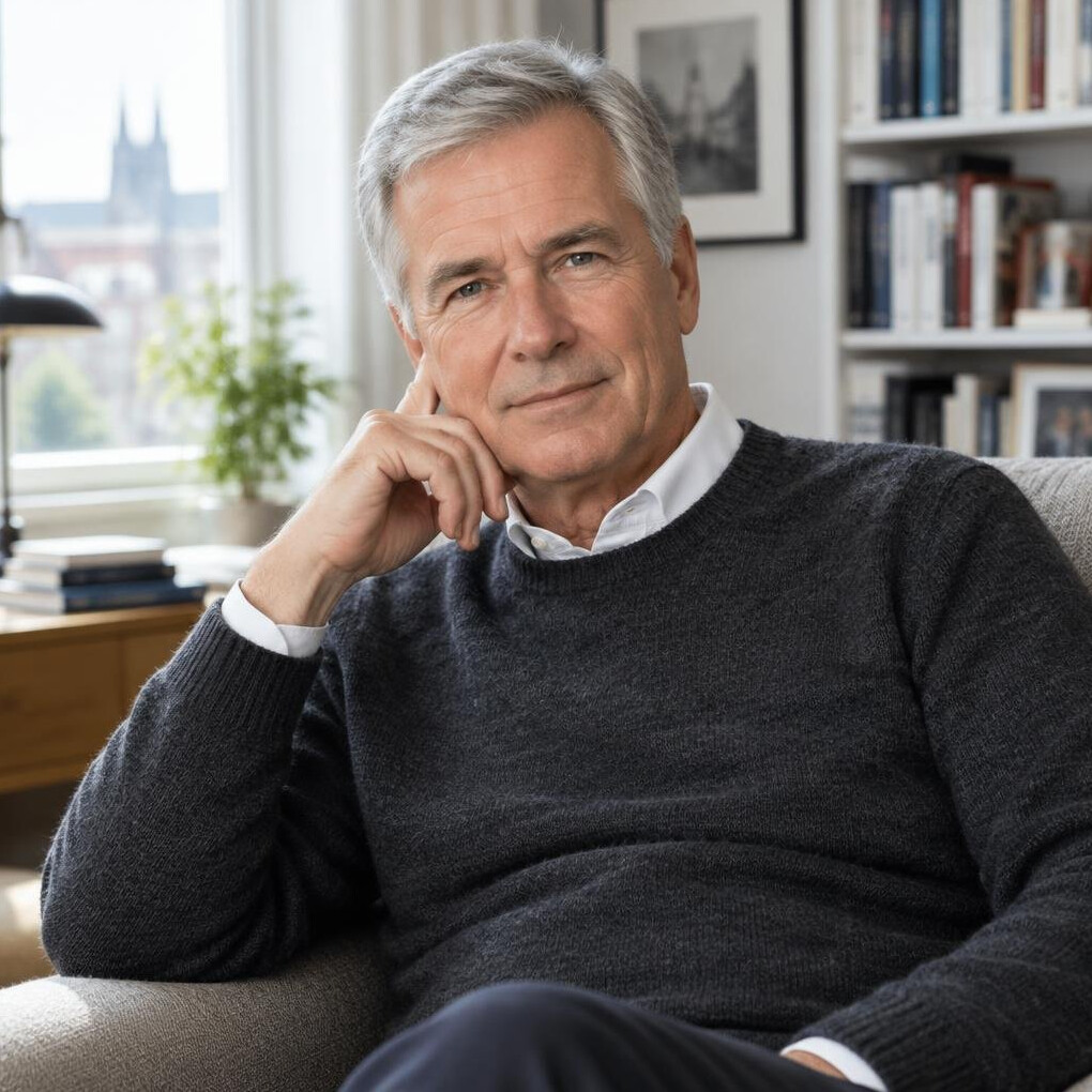 Portrait of a distinguished senior man with gray hair in a dark sweater